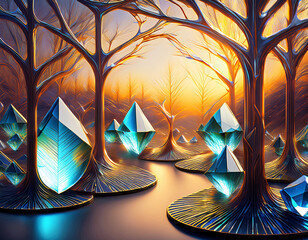 Beautiful abstract fantasy forest with trees of bronze and glowing translucent blue glass pieces in various sizes and shapes