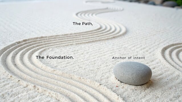 Zen garden with raked sand path and single grey stone representing tranquility and foundation