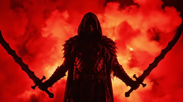 Mysterious Hooded Warrior with Two Swords Standing in Crimson Hellscape Mist - Cinematic 8K
