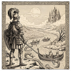 Antique Illustration of Knight with Castle, Boats, and Dragons
