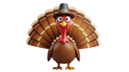 Thanksgiving Turkey Wearing Pilgrim Hat on White Background