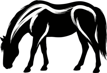 Grazing Horse Silhouette Negative Space Ink Art. Calm Black Vector Animal Illustration with White Brush Details for 2026 Design