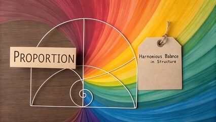 The Golden Ratio spiral overlaid on a vibrant rainbow gradient backdrop, illustrating harmonious proportions in art and design.