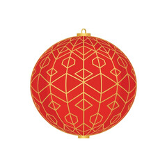 A red spherical ornament with an intricate gold geometric pattern, featuring a hanging loop and bottom cap.