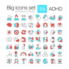 ADHD line color icons set. Mental health, genetic illness. Parenting education. Psychological therapy. Vector illustrations. Simple flat colorful symbols collection. Editable stroke