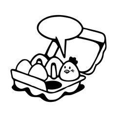 funny egg tray icon with talking baby chick