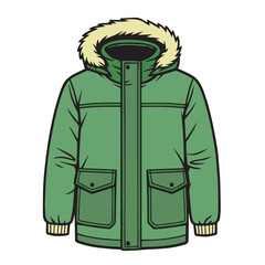 A green parka jacket vector illustration featuring detailed stitching, multiple pockets, and a fur lined hood, perfect for winter fashion designs, clothing catalogs, and outdoor apparel. © primus