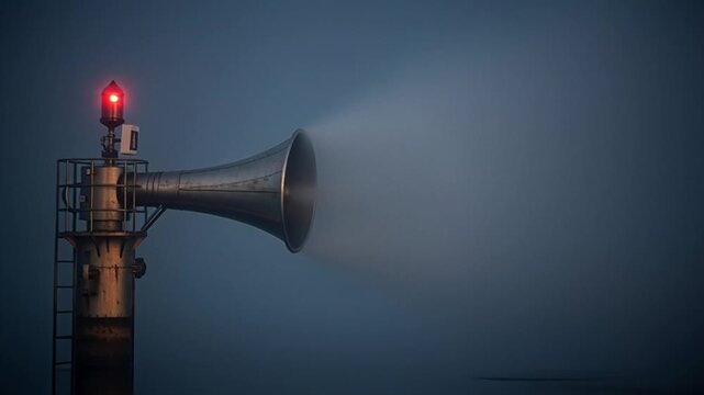 Foghorn tower emits warning signal in the dark misty waters