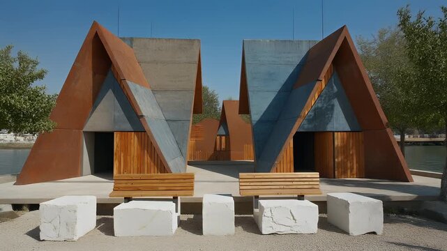 Modern architectural structure featuring angular, geometric buildings with rust-colored panels, concrete accents, and wooden accents, fronted by benches and seating