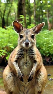 Curious swamp wallaby portrait filmed in 4K slow motion with natural background highlighting animal expression fur detail and wildlife behavior in Queensland