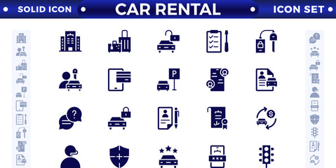 Car and rent simple, minimal, solid icons. Related car rent, repair, transport, and travel. Car dealer, vehicle, and automobile industry related solid icons set