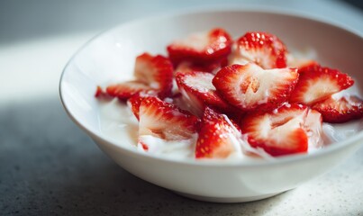 A bowl of strawberries and yogurt