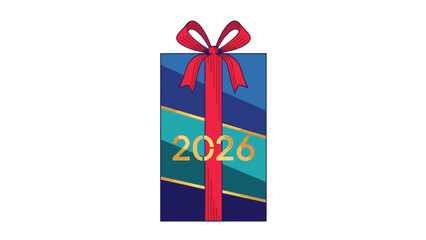 Graphic illustration of a gift box with a red bow and '2026' on it, symbolizing Happy New Year 2026, with a colorful and celebratory mood against a plain white background.
