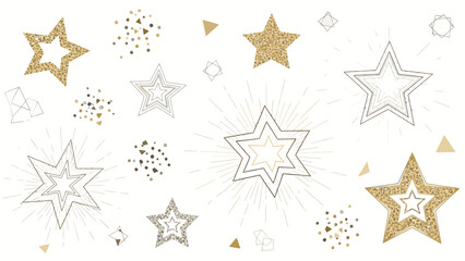 Illustration of gold, silver, and white stars with rays and confetti on a white background, celebrating Happy New Year 2026 with a festive and joyful mood.