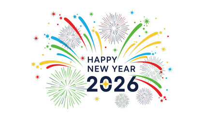 Obraz premium Colorful graphic design celebrating Happy New Year 2026 with fireworks and confetti against a clean white background.