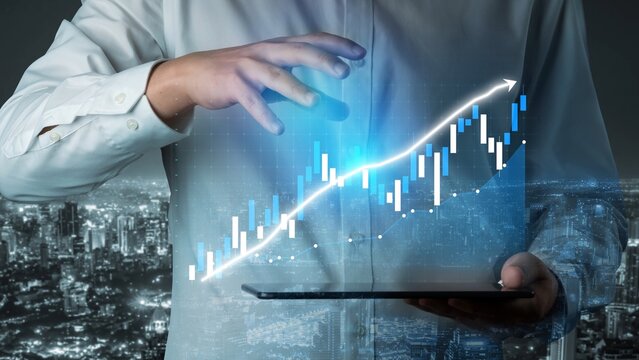 A businessman holding a tablet examines stock market trends with digital data visualization, reflecting professional analysis and ambition in a vibrant urban setting. Copula - Powered by Adobe