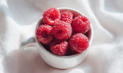 A white cup with a bunch of red raspberries in it