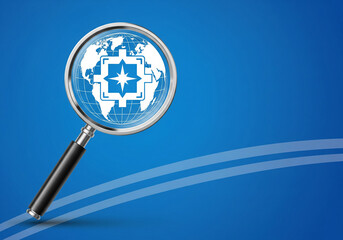 Global Discovery: Magnifying Glass Highlights World Map with Compass Symbol.