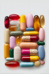 A vibrant array of various capsules and pills arranged in an artistic display, showcasing their shapes and colors.