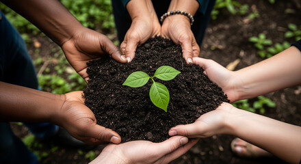 Diverse Hands Holding Soil with a Young Plant Sprout, Symbolizing Nurturing Growth