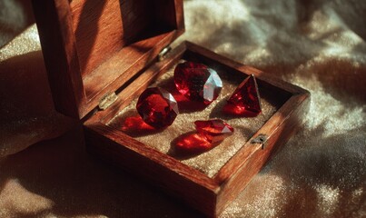 A wooden box with four red gems inside