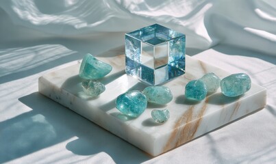 A white marble slab with a blue crystal on top