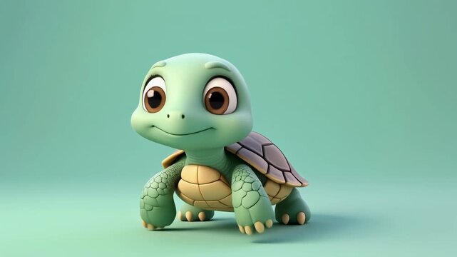 A charming 3D rendered illustration of a cute baby green turtle with big eyes, standing on a soft teal background.