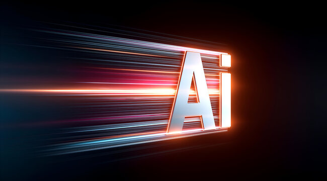 A vibrant and dynamic representation of artificial intelligence featuring a glowing AI symbol, emphasizing innovation and speed.