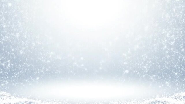 Snowfall scene with a bright light shining through snowflakes against a white background.