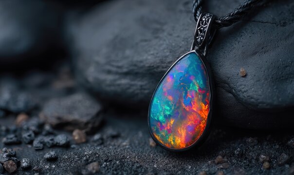 A large opal pendant is sitting on a rock