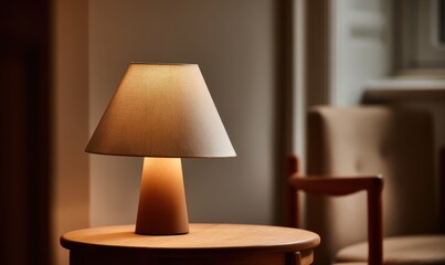 A lamp is on a table next to a chair