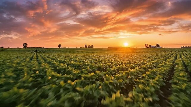 Vast Agricultural Field Under a Dramatic Sunset Sky With Vibrant Orange and Pink Hues Bathed in Golden Sunlight During Golden Hour Over Rows of Green Crops Stretching to the Horizon
