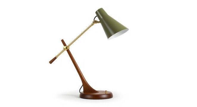 A vintage-style desk lamp with a green shade and wooden base on a white background.