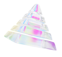 Naklejka premium Holographic iridescent glass pyramid in pearl color. Financial or investment 3d icon, business concept. Crystal geometric triangle shape of five blocks with rainbow gradient effect