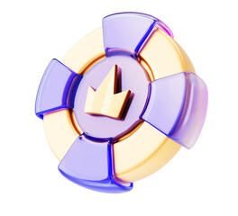 3d glass holographic casino chip icon - neon poker token with gold crown on white bg. Vip gambling currency with purple yellow stripes. Betting coin for roulette, blackjack, card game