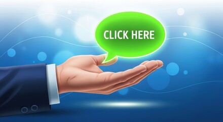 Vector illustration of a hand presenting a vibrant green Click Here button over a futuristic blue business communication background
