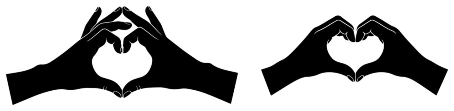 Two silhouette hands making heart shape gestures on white