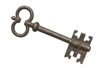 Antique ornate metal key isolated on transparent background