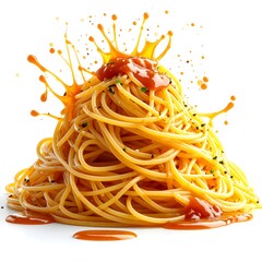 A vibrant photo of spaghetti topped with tomato sauce in an explosive splash against white