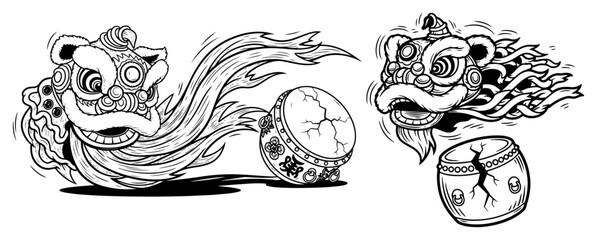 Obraz premium Traditional chinese lion dance heads and drums vector illustration