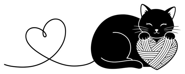 Cute black cat hugging a ball of yarn with a string forming a heart shape
