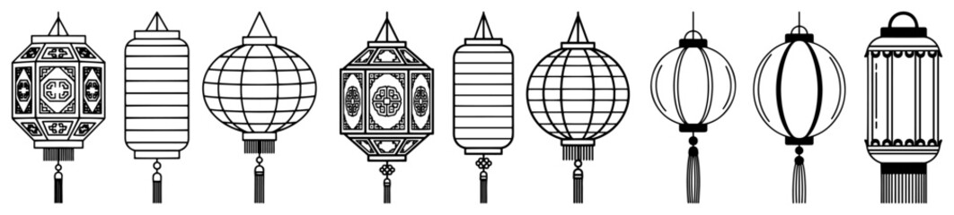 Collection of decorative outline style chinese lanterns for holiday celebration © Kaz