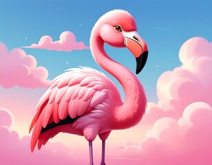 A vibrant, pink flamingo poses gracefully against a soft, pastel sky and fluffy clouds