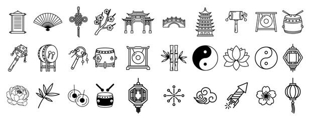 Large collection of linear icons representing traditional chinese culture and new year celebration symbols