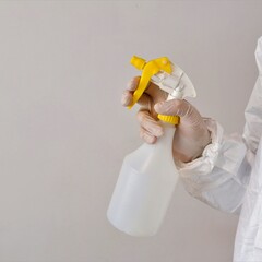 The picture shows someone holding a yellow spray bottle