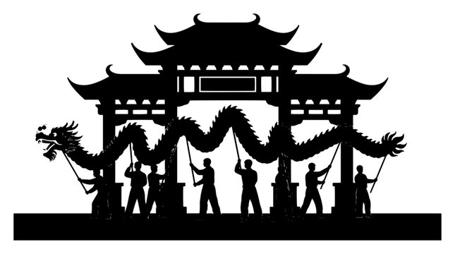 Silhouette illustration of people performing a traditional dragon dance in front of an asian gate