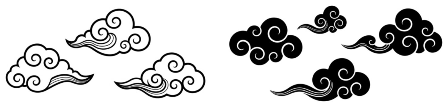 Set of traditional chinese or japanese cloud patterns in black and white