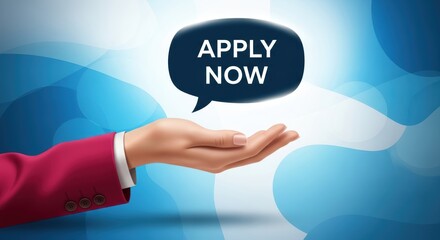 Professional hand in a vibrant magenta jacket holding an Apply Now speech bubble against a dynamic blue business background promoting job recruitment opportunities