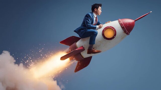 日本人男性がロケットに乗り、勢いよく飛び立つダイナミックな表現