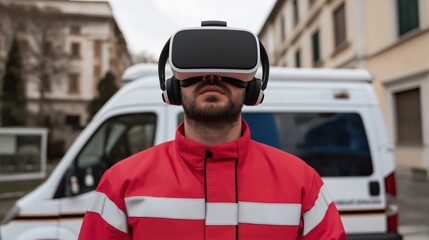 Paramedic wearing virtual reality headset with ambulance in urban setting for medical training and emergency simulation applications